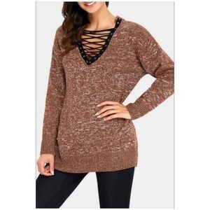 Heathered Contrast Brown with Black Criss-Cross Lace-Up Sweater, Size Large